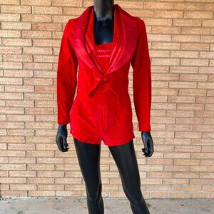 70s red velvet Pin Up Romper Playsuit sailor bib v-exposure playmate outfit XS